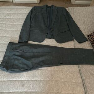 Ann Taylor teal pant suit with cross stitching pattern size 8 jacket with 10pant